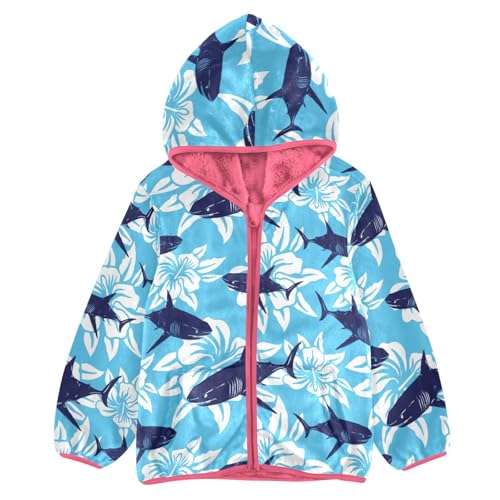 OTVEE Navy Shark Tropical Flowers Kids Hoodie Jacket Fall Spring Full Zip Warm Outwear Coat