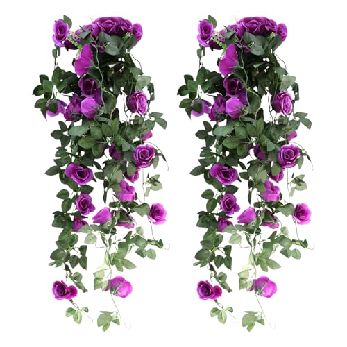 JOZMMZEOOA 2 Piezas Rosas Artificiales Guirnalda,90 CM Planta Artificial Colgante Flores secas Enredaderas Artificiales Decorativas guirnaldas,para Jardín Fiesta Hogar Boda Decoración (Púrpura)