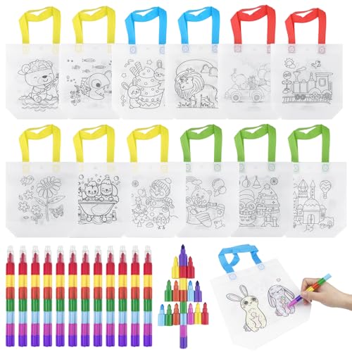Lixiluxia 12 Piezas Bolsas de Tela para Pintar y 12 Crayones de Cera Apilables (7 Colores en 1), Estuche para Colorear, Bolsas para Colorear, Graffiti Bolsas para Colorear, Diy Graffiti Bolsas Niños