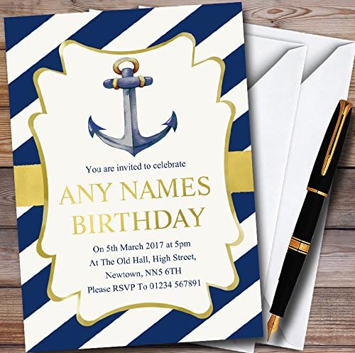 Gold & Blue Nautical Anchor Personalized Childrens Party Invitations