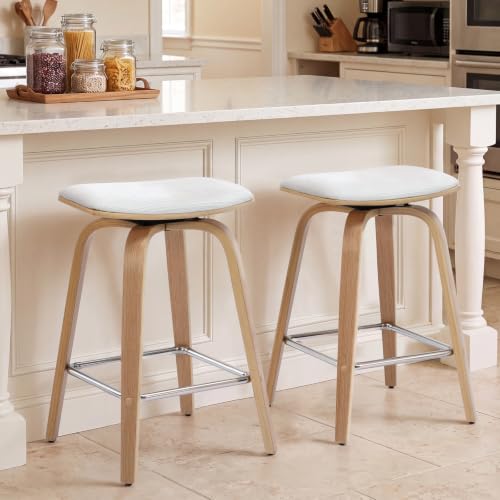 Butacos Altura Barra Set de 2 Unidades - Sin respaldo, Giratorios, Altura 26", con Estructura de Madera y Asiento Tapizado en Lino, Color Beige miniatura 7