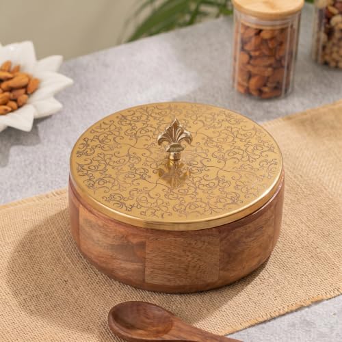 Image of Wooden Casserole with Fleur Handle | Floral Engraved Hot Case Chapati Box for Fresh & Warm Roti | Multipurpose Roti Box, Snack & Dry Fruit Storage | Luxury Kitchen Decor