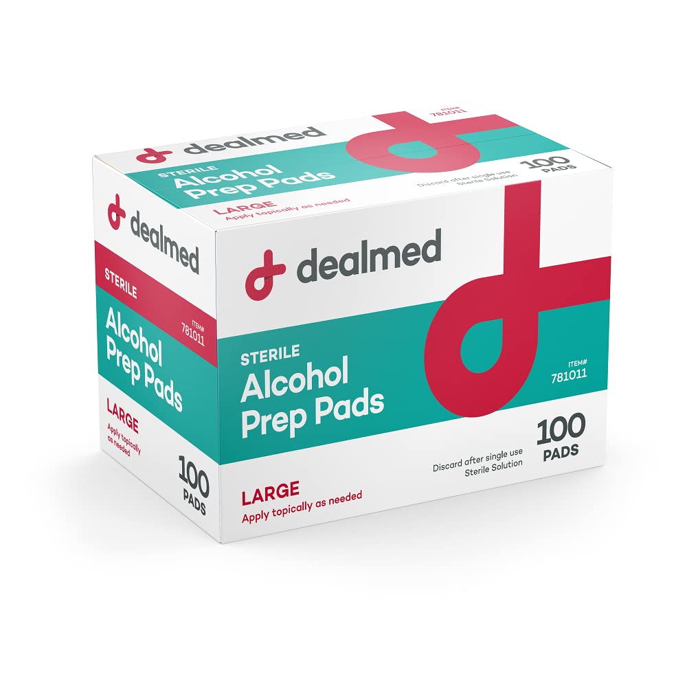 Dealmed Alcohol Prep Pads 100 Count Large Latex-Free Gamma Sterilized Antiseptic Wipes Wound Care Products for First Aid