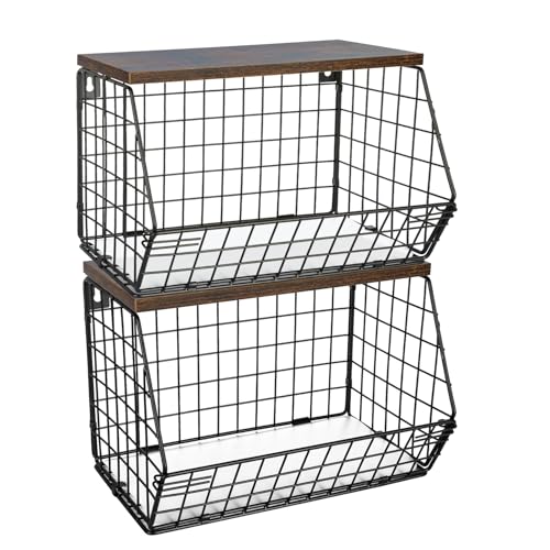 VIIROUD 2 Etages Corbeille a Fruit, Panier a Fruit etagere de murale cuisine, Rangement de cuisine empilable,30*20*21cm-(2 pièces) Noir pour Fruit Basket pour Rangement Fruits et Légumes