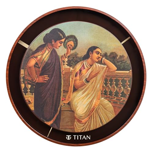 Image of Titan Raja Ravi Verma Series Damayanti Wall Clock with Embossed Dial & Silent Sweep, Model W0095PA01 | 31.7 cm x 31.7 cm x 4.7 cm