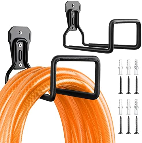 UPCERA 2PCS Metal Garden Hose Holder Wall Mount Heavy Duty Water Hose Hook Hanger Metal Tube Stand with 6 Screw, 6 Drywall Anchors for Outside Garden Yard Garage (2Pack - Black)