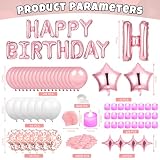 Pink Happy Birthday Balloons Decorations Pink White Birthday Balloon Letters Banner with 6 Pcs Star Balloons Artificial Rose Petal 24 Flameless LED Candles for Room Hotel Party Decorations Supplies