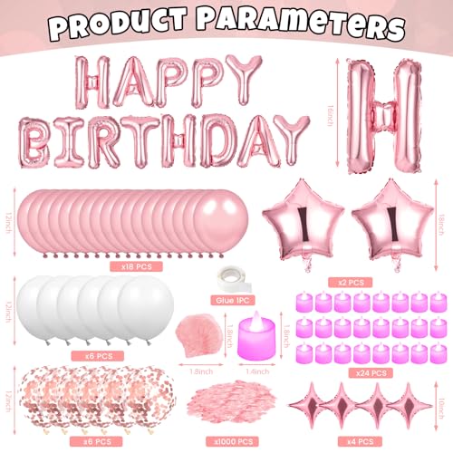 Pink Happy Birthday Balloons Decorations Pink White Birthday Balloon Letters Banner with 6 Pcs Star Balloons Artificial Rose Petal 24 Flameless LED Candles for Room Hotel Party Decorations Supplies