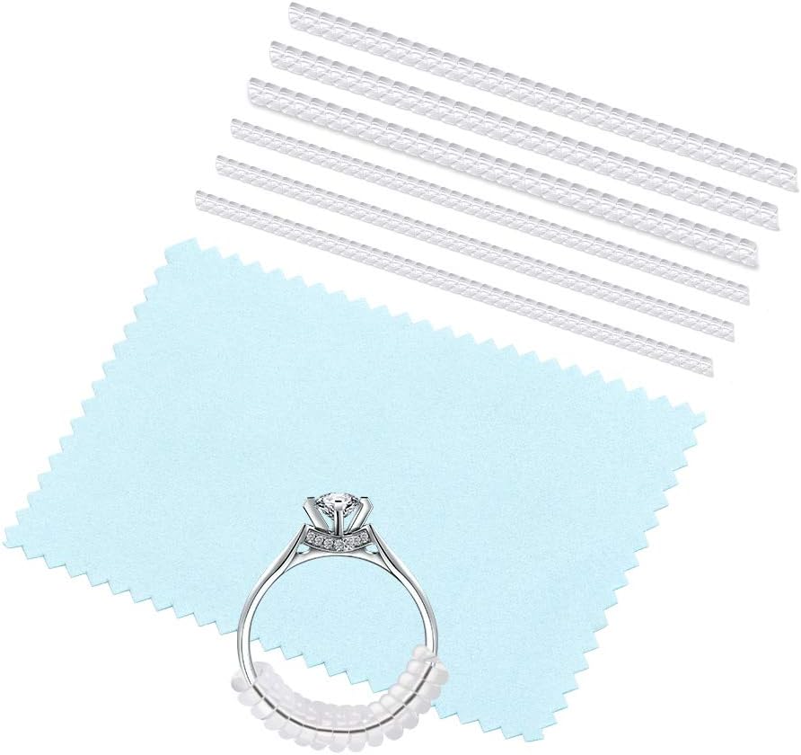 6 Pack Ring Size Adjuster for Loose Rings, 2 Styles Invisible Transparent Ring Sizer Adjusters with Silver Polishing Cloth