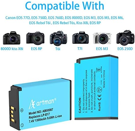 Artman LP-E17 Replacement Batteries and Dual USB Charger Compatible with Canon EOS R10, RP, Rebel SL3, SL2, T8i, T7i, T6i, T6s, EOS M3, M5, M6, EOS 200D, 77D, 750D, 760D, 800D, 8000D and More