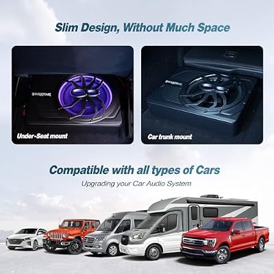 10 Upgrade 800W Slim Under Seat Powered Car Subwoofer, Car/Truck Audio Sub Built in Amplifier amp Combo Package, with Blue LED Light (Subwoofer+Installation Wire Kit)