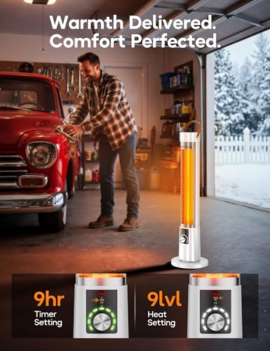 Outdoor Heater for Patio, 1500W Electric Infrared Heaters for Porch Garage Indoor Use, 9H Timer, 60° Oscillation & 9 Heat Level, Tip-Over/Overheating Protection, Safety Lock, Super Quiet, IPX5, White