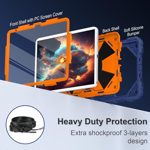 Image of Scnioy Case for iPad (A16) 11th Generation 11 Inch (2025) / iPad 10th Generation Case 10.9 Inch (2022) with 360 Rotating Stand Screen Protector Pen Holder Shoulder Strap, Navy Orange