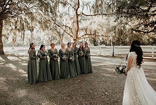 POMUYOO Long Sleeve Chiffon Bridesmaid Dresses for Women Fall Maxi Pleated Formal Gown with Slit YG1843