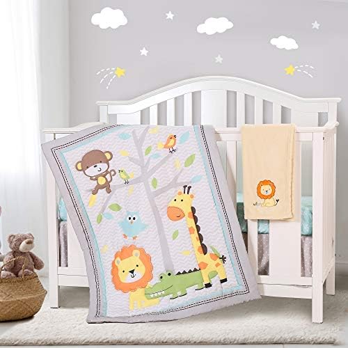 Honkaii 4Pcs Crib Bedding Sets for Boy, Zoo Baby Bedding Sets Neutral with Comforter Fitted Sheet Crib Skirt Blanket, Machine Washable, Suitable for 28 x 52 Inch Cribs,Nursery Bedding Set (Gray)