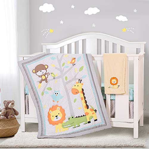 Honkaii 4Pcs Crib Bedding Sets for Boy , Zoo Baby Bedding Sets Neutral with Comforter Fitted Sheet Crib Skirt Blanket, Machine Washable, Suitable for 28 x 52 Inch Cribs,Nursery Bedding Set (Gray)