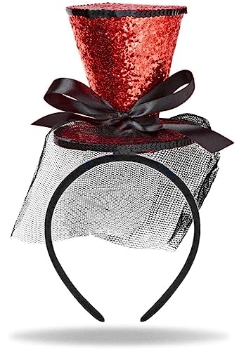 Hatstar Glitzer Mini Zylinder Haarreif | Damen Stirnband | Herren Party Hut | Haarrschmuck mit Schleife & Schleier | Accessoire für Halloween, Karneval & Fasching | Silvester Neujahr Glitzer (rot)