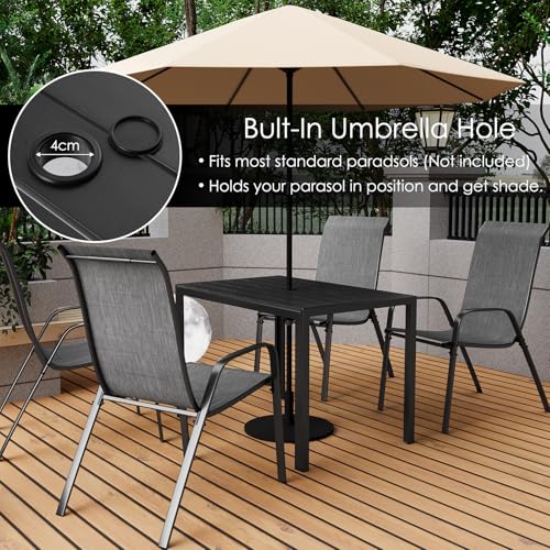 LIFERUN Stół ogrodowy z otworem na parasol przeciwsłoneczny, 110 x 70 cm, stół balkonowy, aluminiowa rama, blat stołu WPC, prostokątny stół do jadalni na taras, czarny