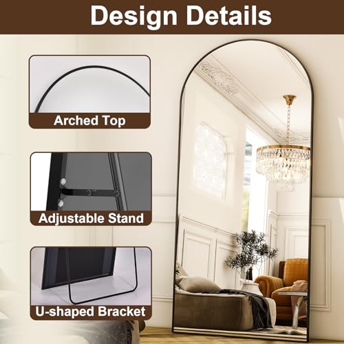 Image of Full Body Mirrors Arched Large Full Length Mirror with Stand Aluminum Wall Mounted Hanging or Leaning Standing Mirrors (Black, 34 inchx76 inch)