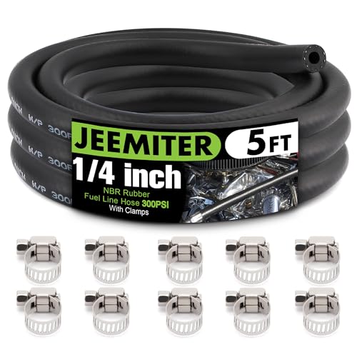 Image of Jeemiter 1 /4 inch ID Fuel Line Hose 5FT - SAE 30R7 NBR Rubber Replacement Kit with 10 Clamps - Short Length for Lawn Mower, Generator, ATV, Motorcycle & Small Engines