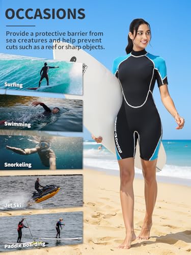Owntop Traje de neopreno corto de 1.5 mm para hombre y mujer, con cremallera trasera, para buceo, surf, manga corta, neopreno elástico para deportes acuáticos, mujer, azul, talla S - imagen 6