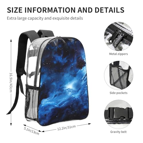 Blue Galaxy Print Work Travel Stadium Events Transparent Backpack PVC Clear Bag Large Side Pockets4