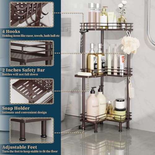 Image of Consumest Corner Shower Caddy Standing - 3-Tier Stainless Steel Shower Organizer with Soap Holder and 4 Hooks, Large Capacity Corner Shelf Stand for Bathroom, Rest Room, Bronze