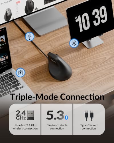 Image of Keychron M5 8K Vertical Ergonomic Mouse Wireless, 2.4 GHz /Bluetooth 5.3 /Wired Computer Mice Rechargeable, 5 Levels Up to 30K DPI with Programmable Buttons for Laptop macOS /Windows - Black
