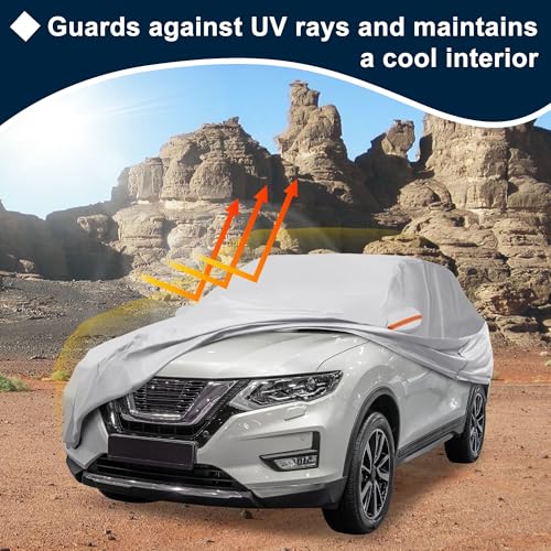 Image of Silver Tone Heavy Duty Waterproof Car Cover for SUV 182 inch-190 inch - All-Weather UV Protected Outdoor Full Exterior Cover with Sun /Snow /Rain Resistance