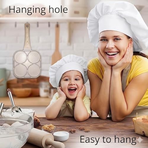 Image of 4 in 1 Non-Stick Breakfast Frying Pan with Heat-Resistant Wooden Handle, Multi-Section Skillet for Eggs, Pancakes, Sausages, Gas Stove Compatible, Easy to Clean, (White B, 17cm)