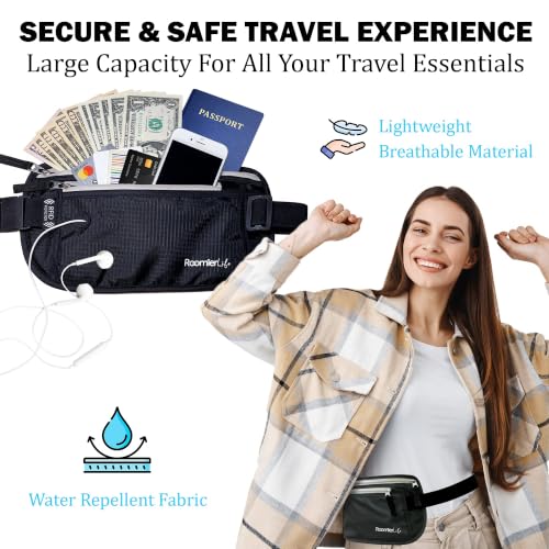 Image of RFID Blocking Passport Holder Travel Pouch for Men & Women - Hidden Money Belt with Anti-Theft Locking Zipper, Slim Waterproof Waist Wallet for Cash, Credit Cards, Passport & Travel Documents (Onyx)