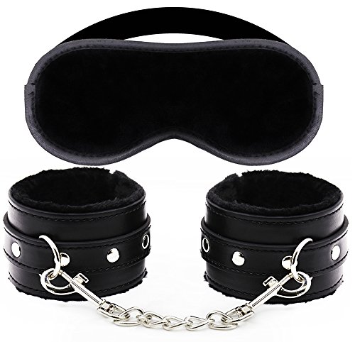 Leather Handcuffs Adjustable and Sleep mask Suit for Him or Her (Black)