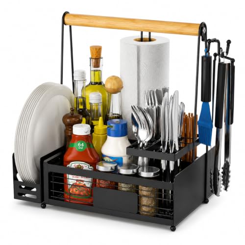 DCPWRHB Portable BBQ Grill for Coleman NXT 300 2013-2018, Multi Compartment Outdoor Grilling Organizer with Plate Rack, Paper Towel Holder & Tool Hooks for Camping,A