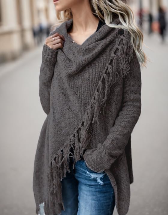Image of Women's Open Front Knited Tassels Slash Loose Cardigan Crew Neck Speckled Fringe Sweater Outwear