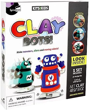 SpiceBox Modeling Clay Kit for Kids, Boys, Girls, with Air Dry Clay, Sculpting Tools, and Instruction Book, Make Your own Robot, Children’s Arts and Crafts DIY Activity Kit, Clay-Bots