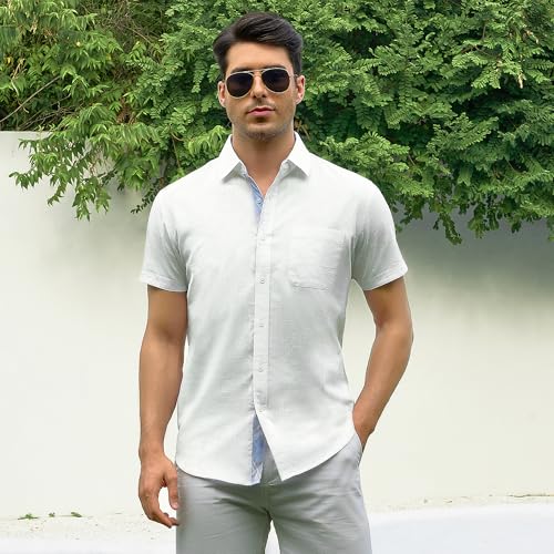 Damipow Linen Shirts for Men Casual Button Down Beach Vacation Shirt Short Sleeve Button Up Shirts with Pocket3
