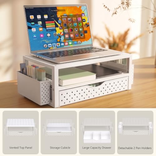 Image of WALI Desk Organizer with Drawer and Pen Holder, 3 Tier Computer Monitor Stand for Home Office Supplies, Laptop Stand Riser for Computer, Laptop, Printer(PTT004-W), 1 Pack, White