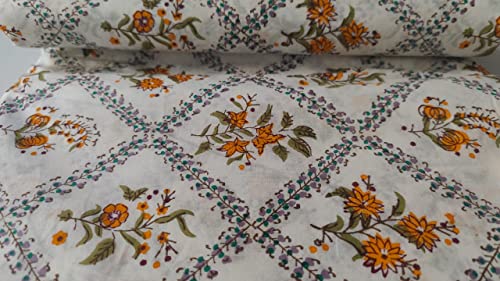 Image of Floral Printed Cotton Fabric Cloth Hand Block Print Fabric Women Material Running Jaipuri Hand Block Printed Women Dress Material Kurtis Natural 44 inch Inches Width 2.5 Meter (Pattern 9)
