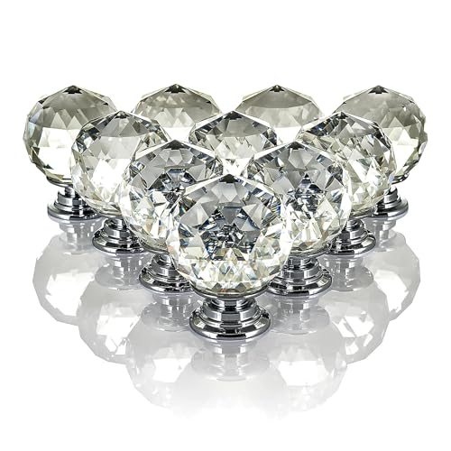LIVIVO 10 Pack Round Clear Crystal Door Knobs for Drawers - 30mm Crystal Drawer Knobs with Chrome Base - Replacement Handle for Drawer Wardrobe Cabinet Door - Quick & Simple to Install Crystal Knobs