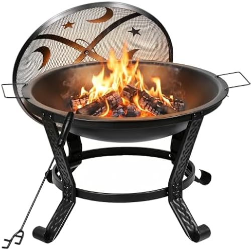 22 Inches Portable Fire Pit Outdoor Wood Burning Steel Lightweight BBQ Grill Firepit Bowl with Log Grate&Poker for Outside Patio Campfire Bonfire Backyard