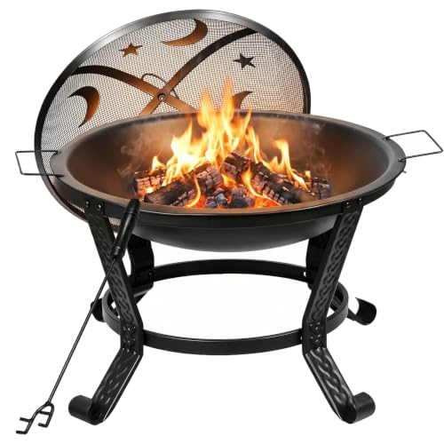 ZENY 22in Fire Pit for Outside, Wood Burning Firepit with Mesh Lid and Fire Poker for Outdoor, Backyard, Camping