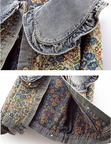 Vintage Floral Denim Jacket Peter Pan Collar Long Sleeve Blue Flower Pattern Button Front Jean Jacket Coat4
