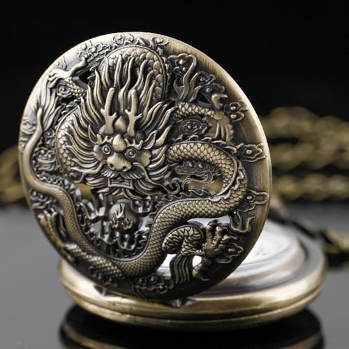 Image of Dragon Design Quartz Pocket Watch Roman Numerals with Chain Birthdays Gifts for Father's Days