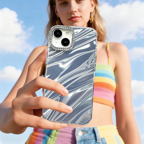 Image of DIZORO Compatible with iPhone 15 Plus Case | Marble Glossy Hard PC Back Cover with Diamond Camera Protector | Ultra Stylish Shockproof Back Cover Case for Girls Women-Sky