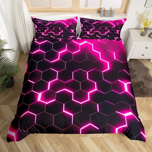 Homewish Geometric King Size Duvet Cover Sets Rose Red Honeycomb Bedding Sets for Boys Girls Beehive Simplistic Comforter Cover Modern Neon Gradient Quilt Cover