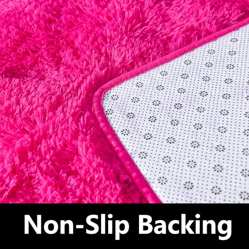 Fluffy Rug Stain Resistant 3x5 Feet, Hot Pink Cute Rugs for Bedroom Aesthetic, Modern Plush Area Rugs for Bedroom