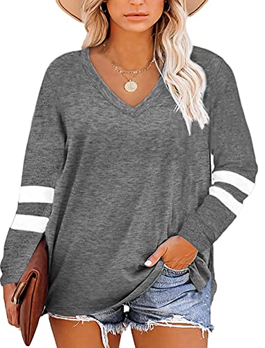 Womens Tops Early Fall Fashion 2025 Sweatshirt for Women Sweaters Plus Size V Neck Long Sleeve Shirts Trendy Clothes Ladies Blouses Dressy Casual Loose Tunics Cowboy Chic Clothing Outfits Grey XL