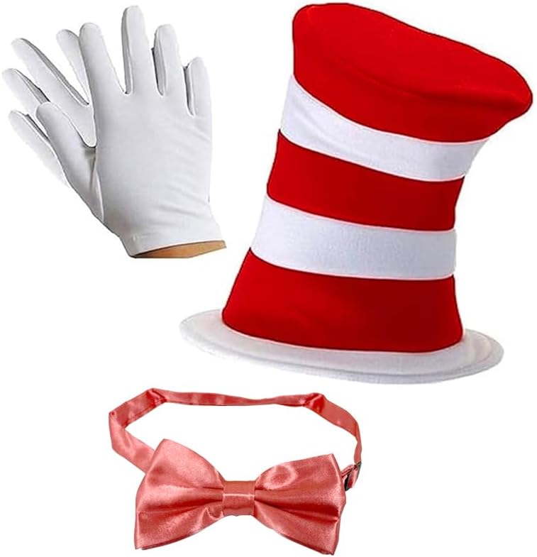 Cat In the Hat Costume Kids Accessories -Gloves Bow Tie and Hat | World Book Day Costume Fancy Dress Halloween Costume for Kids | Dr Seuss Costume for Book Week, One Size