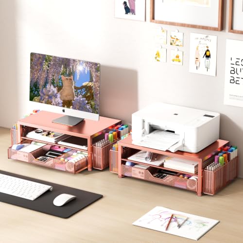 Image of OPNICE Desk Organizers and Accessories, Computer Monitor Stand Riser with Drawer and 2 Pen Holders, Printer & Laptop Stand, Office Desk Accessories & Workspace Organizers for Home Office Supplies, Rose Gold