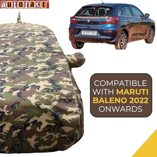 Image of Autofact Waterproof Car Body Cover Compatible with Maruti Baleno New (2022 to 2023), with Mirror and Antenna Pockets,4x4 American Matty, Long Lasting Material, Camouflage Army Look